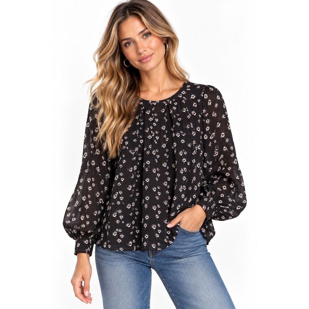Tanya Taylor 100% Silk Layered Floral Blouse Top Size 2 XS Long Balloon Sleeve